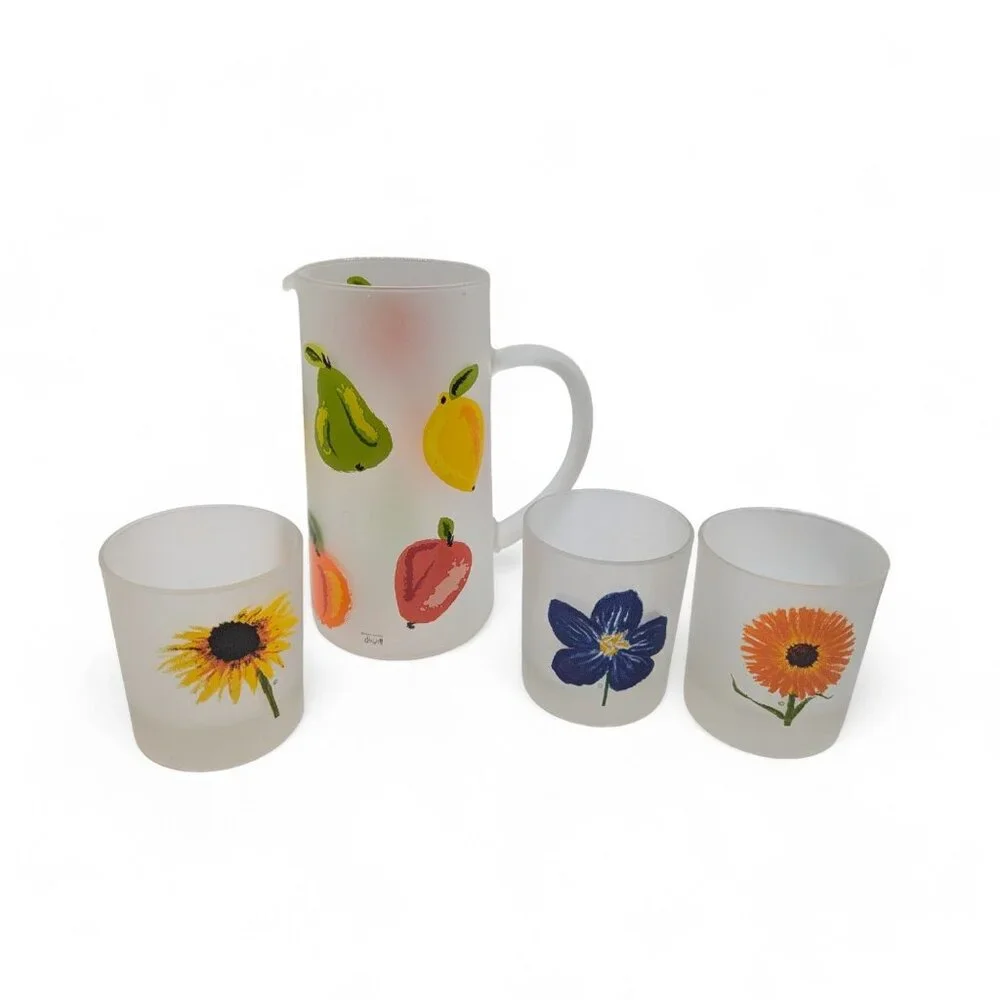 Dartington Spring Time Flowers Frosted Rocks Glass Pitcher & 3 Cups France